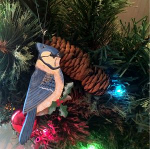 christmas, christmas ornament, ornament, bird, blue jay, holly branch